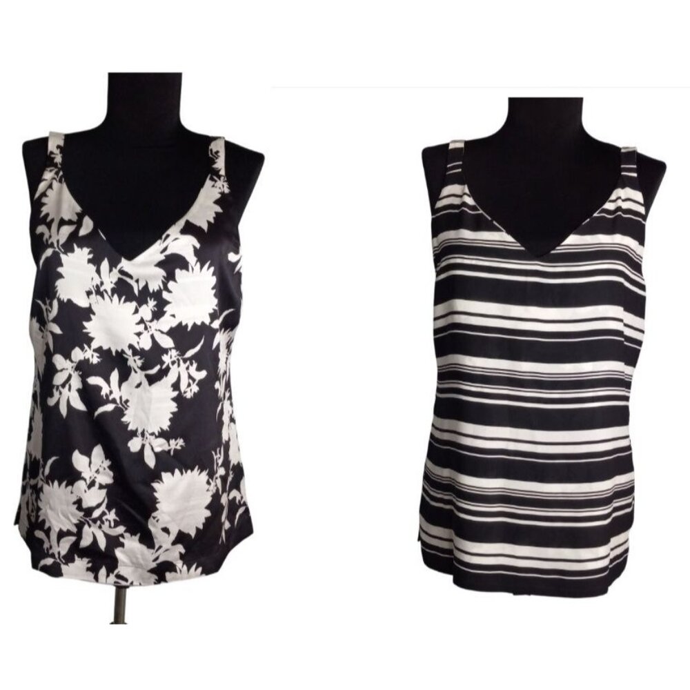 WHBM S Tank Top Reversible Sleeveless Floral Striped Print Black White V Neck